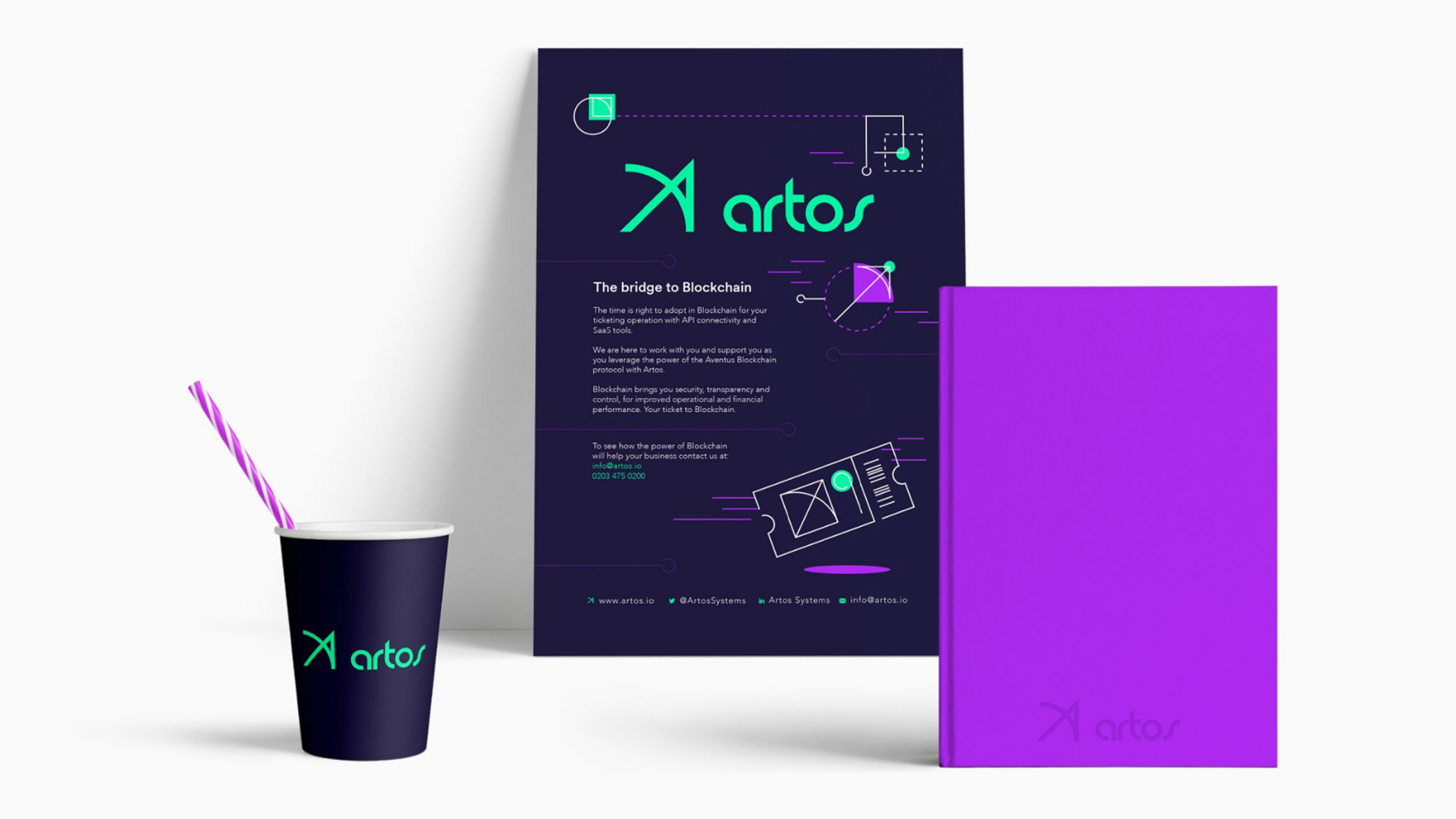 Artos branded brochure, diary, and cup