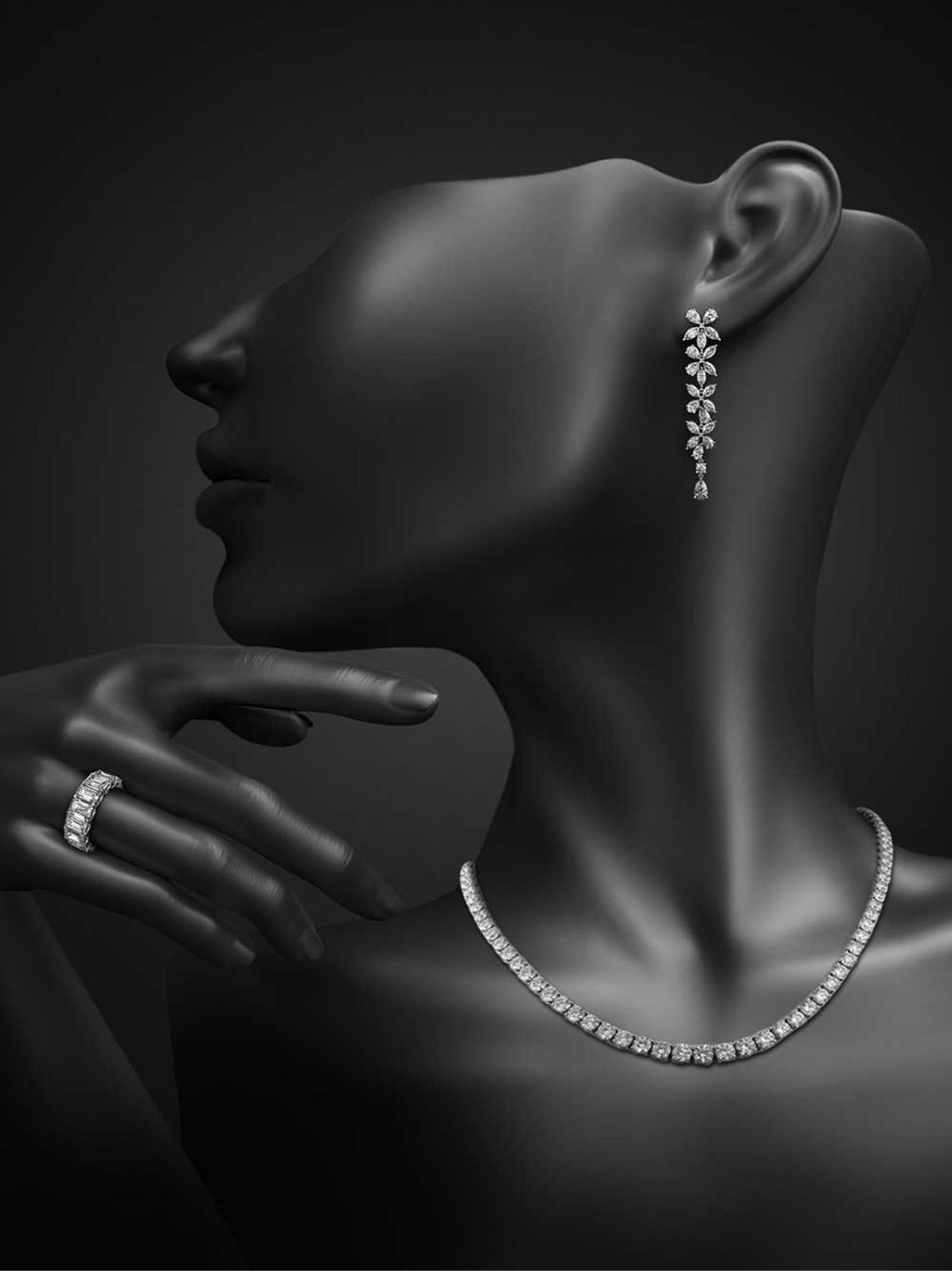 Astrea London mannequin with earring, ring, and necklace