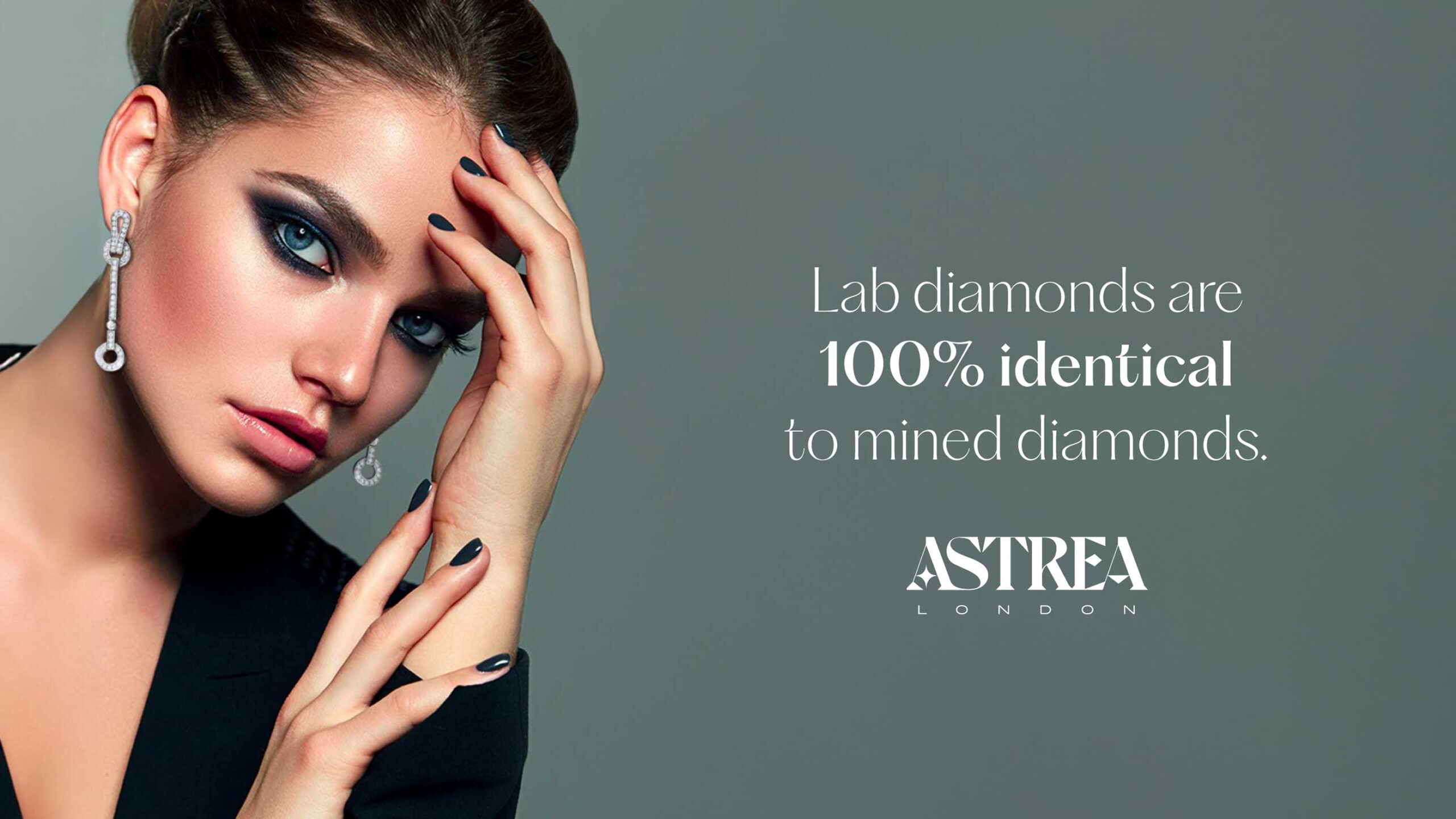 Astrea London poster with model and message "Lab diamonds are 100% identical to mined diamonds"