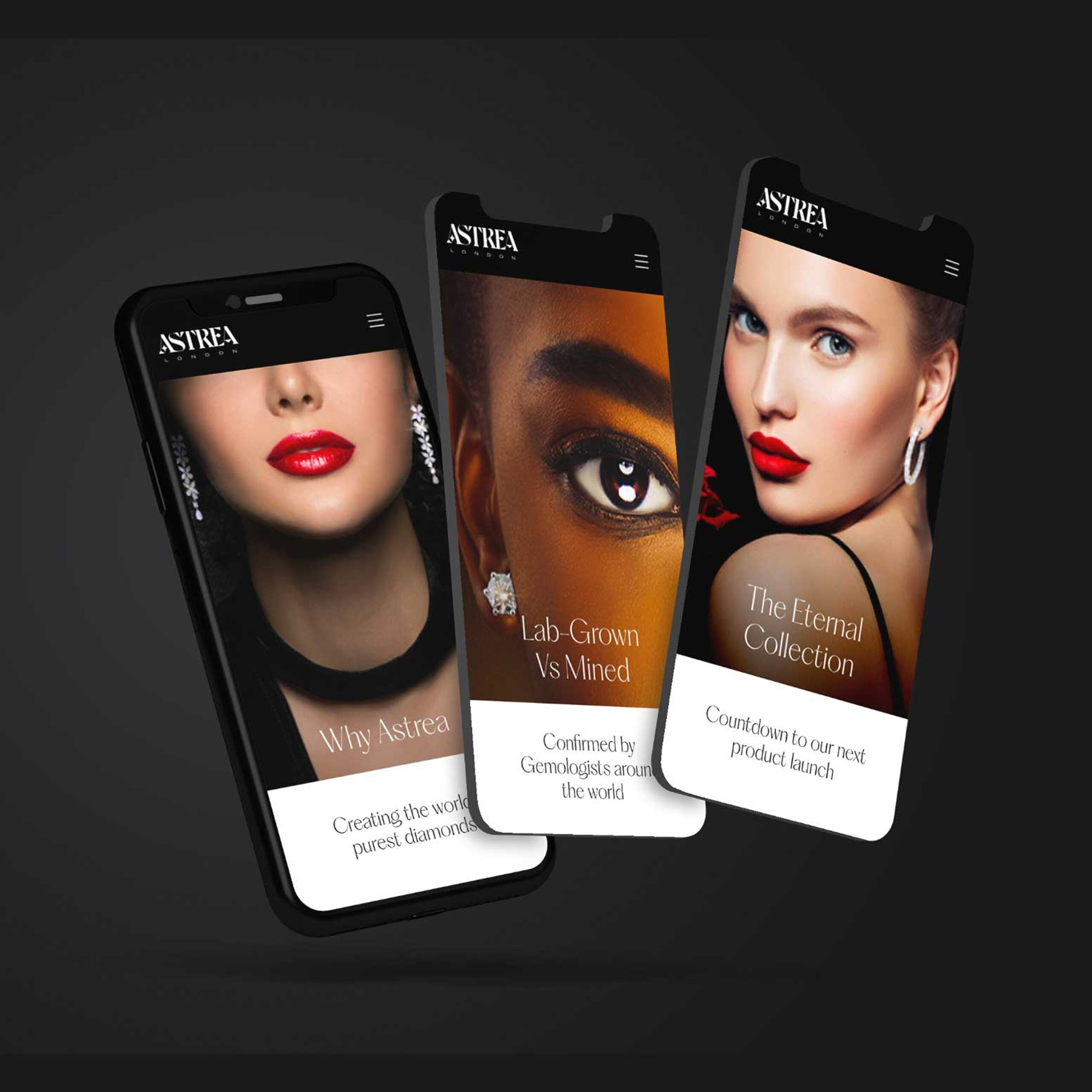 Astrea London website hero sections on mobile phones