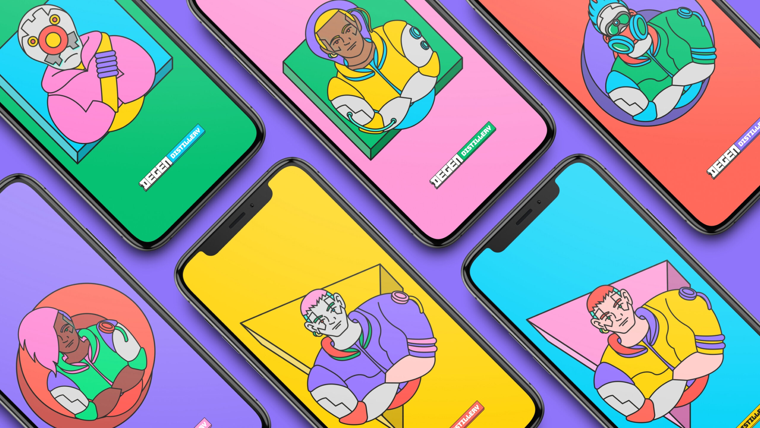 Degen Distillery illustrations on mobile phones
