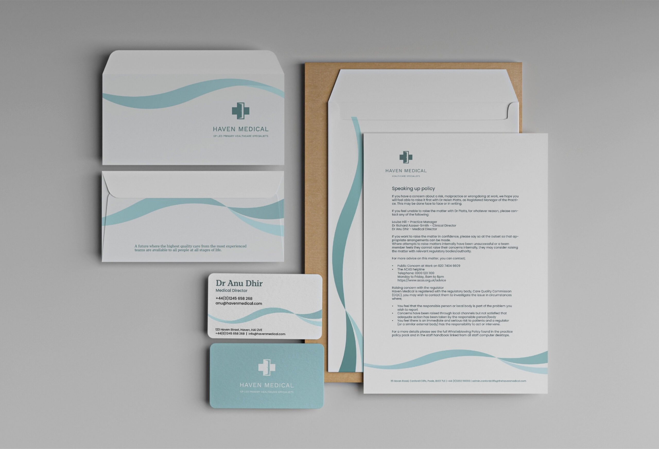 Haven Medical branded business cards, letterheads, and envelopes