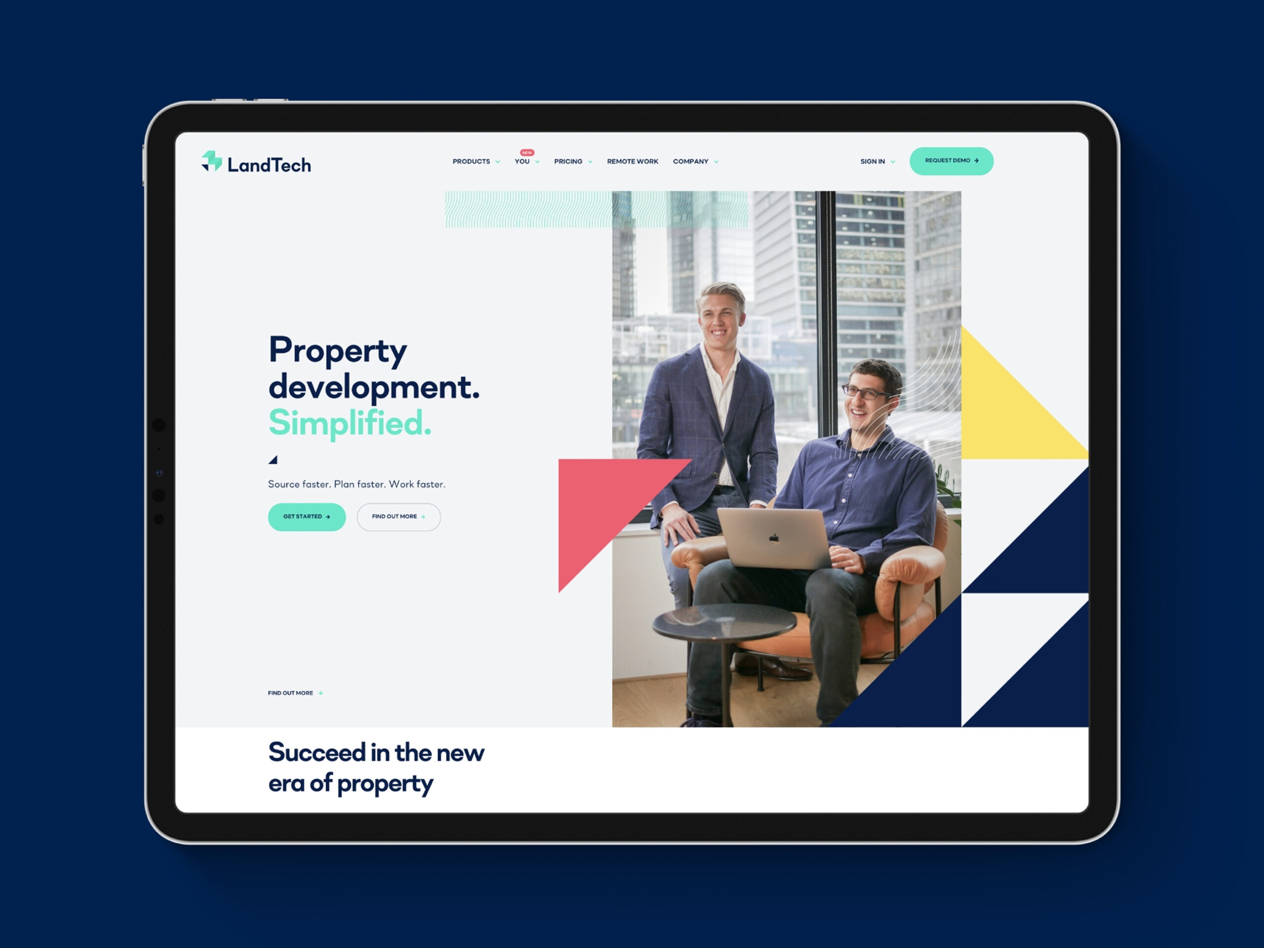 Landtech website hero on a tablet device