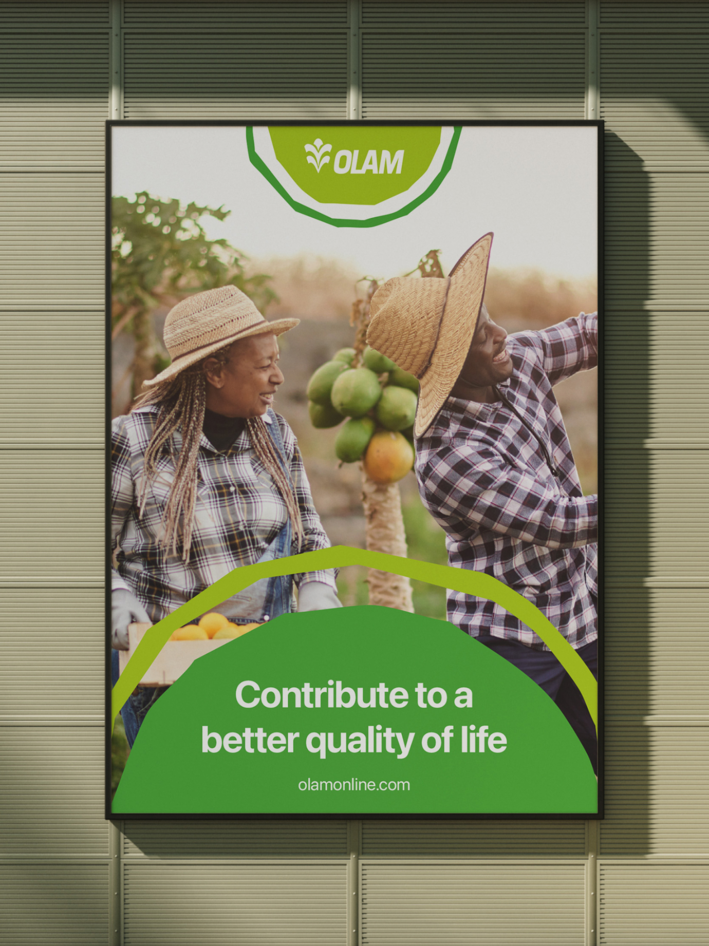 Poster of happy farmers about how Olam contributes to their quality of life