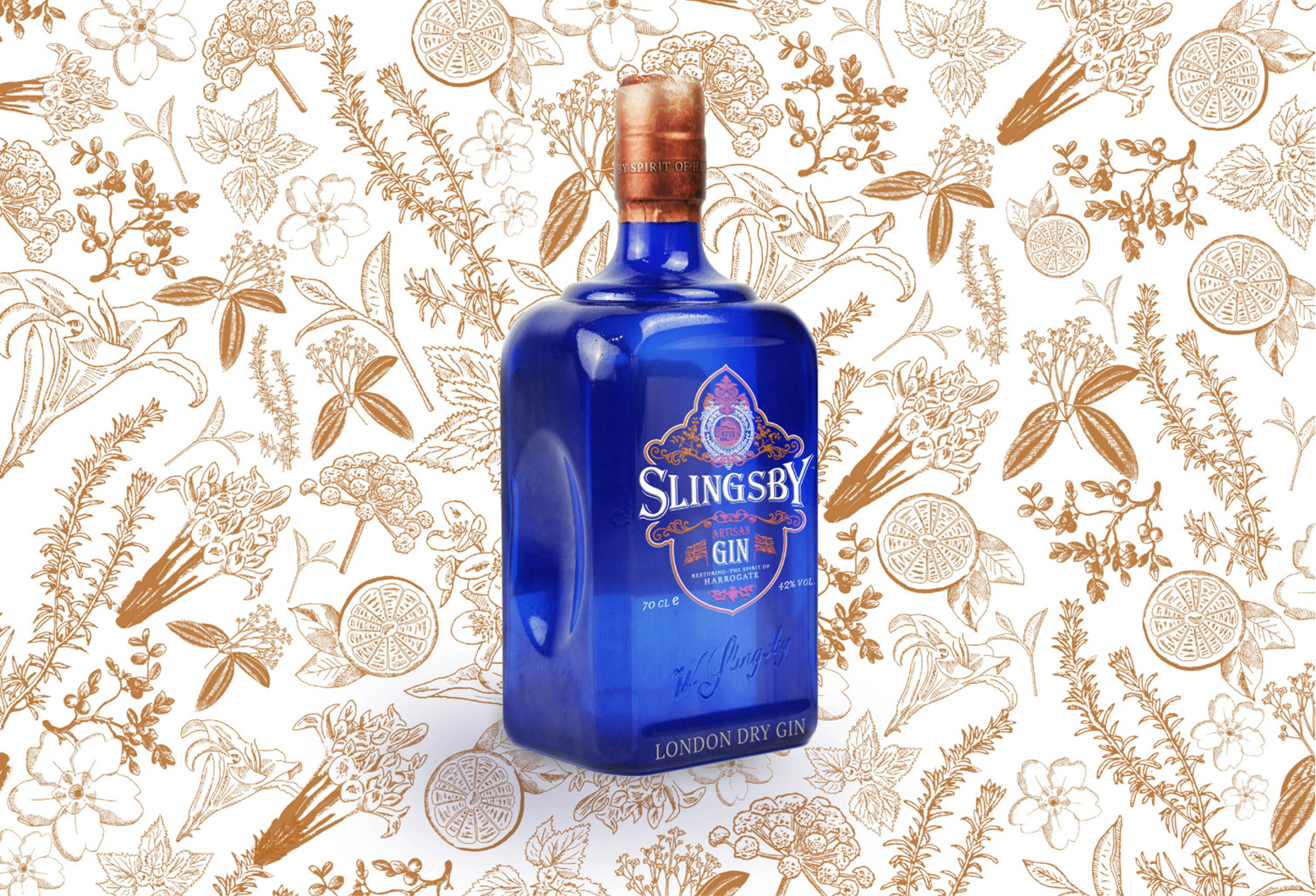 Slingsby Gin bottle against pattern background