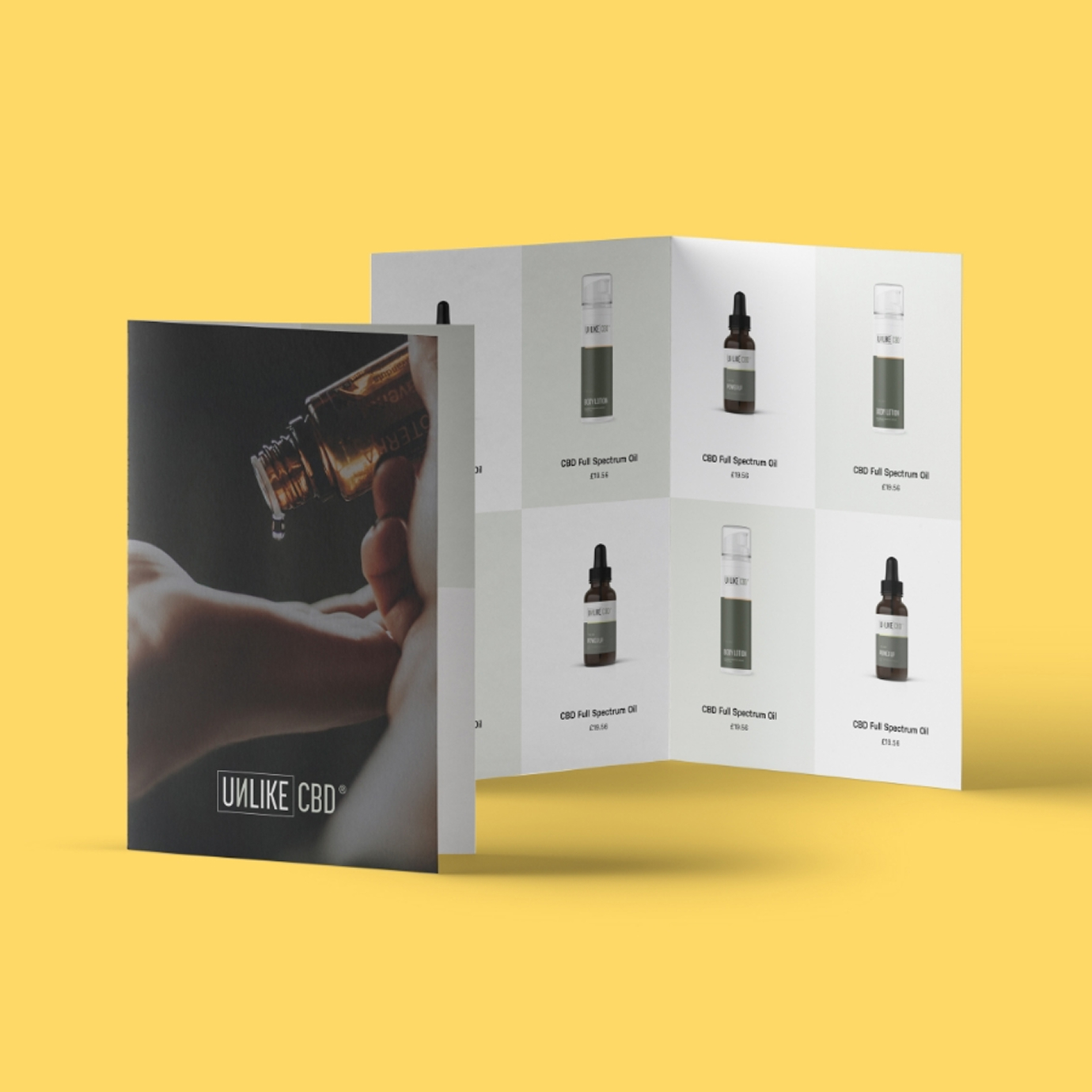Unlike CBD A5 folding card with products and product information