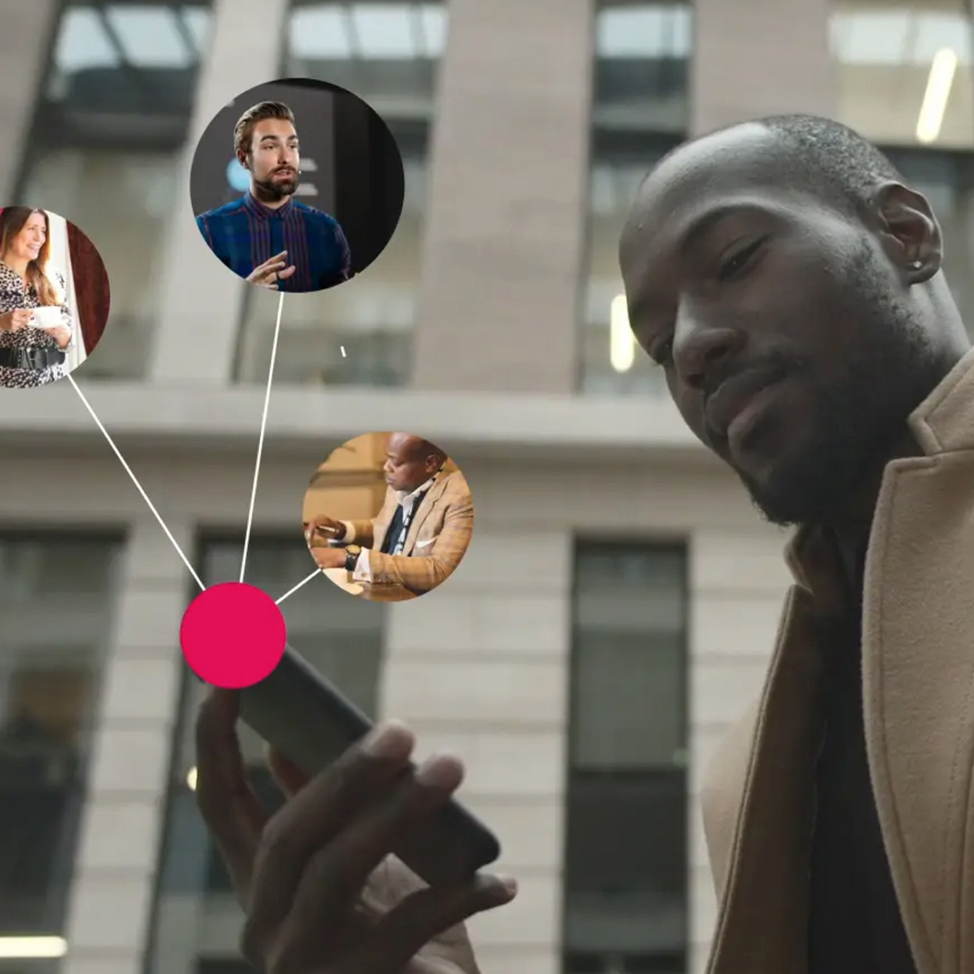Man holding a phone with circles showcasing his connections to the members club