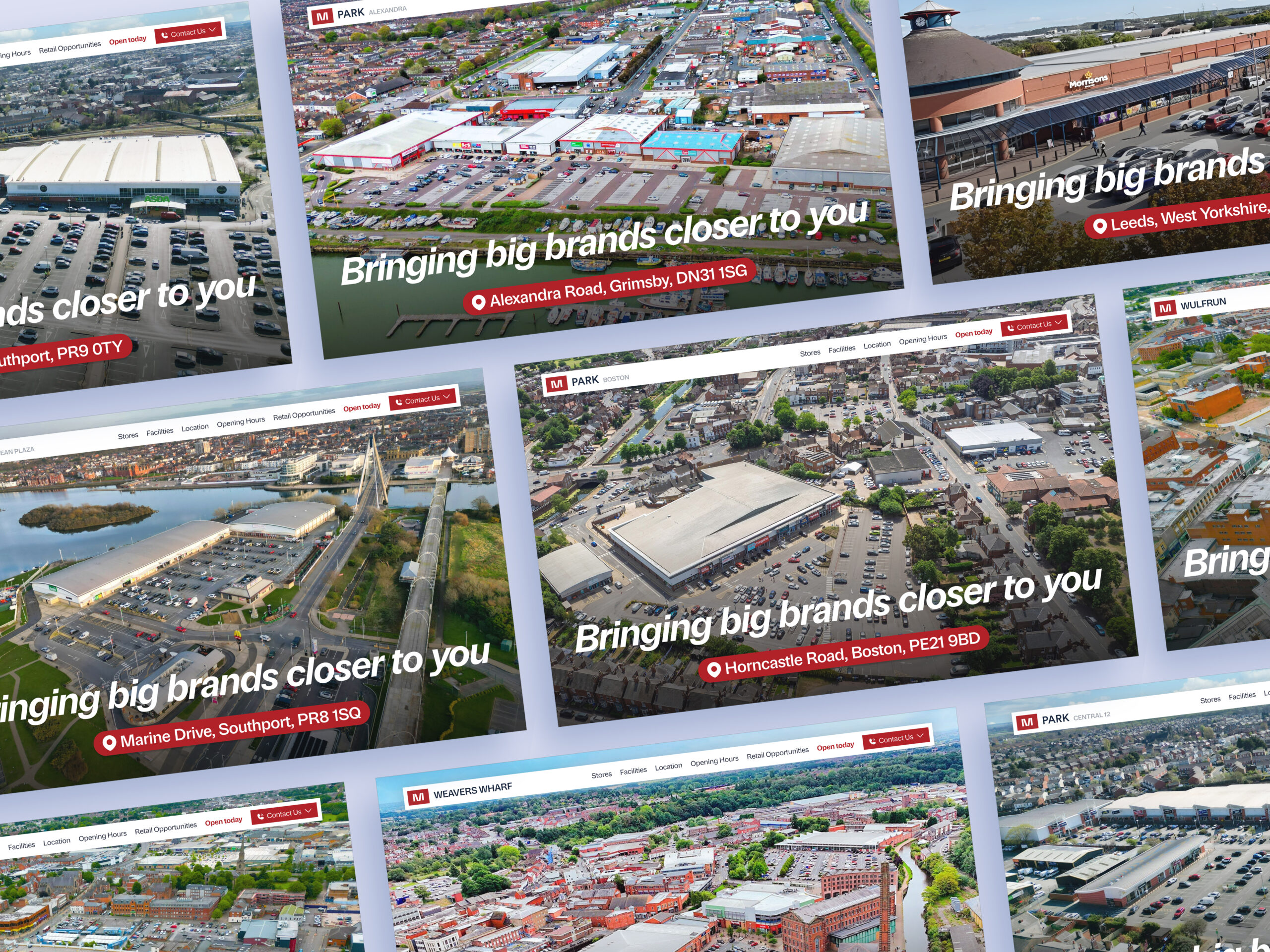 M Core UK shopping center websites hero sections