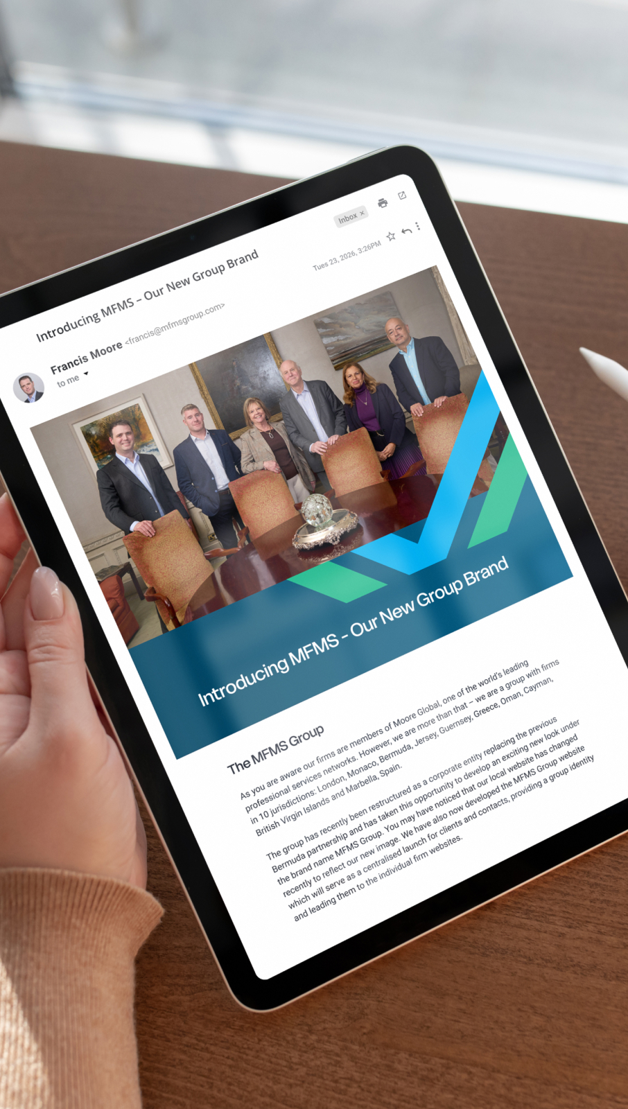 Brand launch email on a tablet device