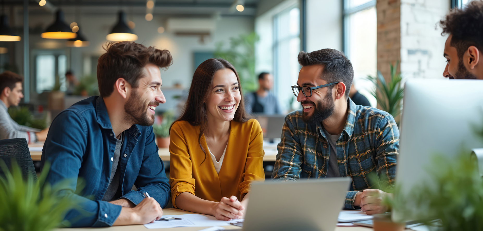 Happy employees having a meeting at a desk